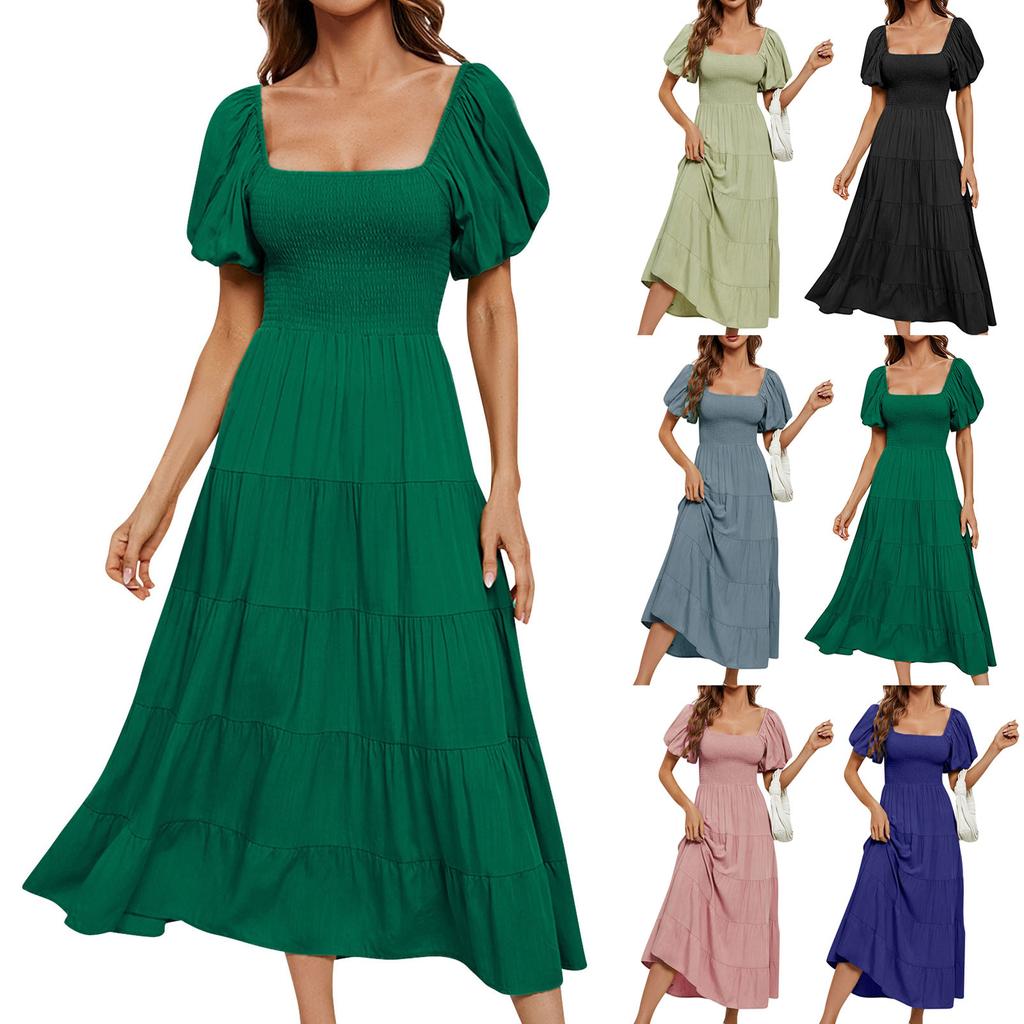 Women's Summer Fashion Solid Color High Waisted Bubble Sleeve Waist Dresses