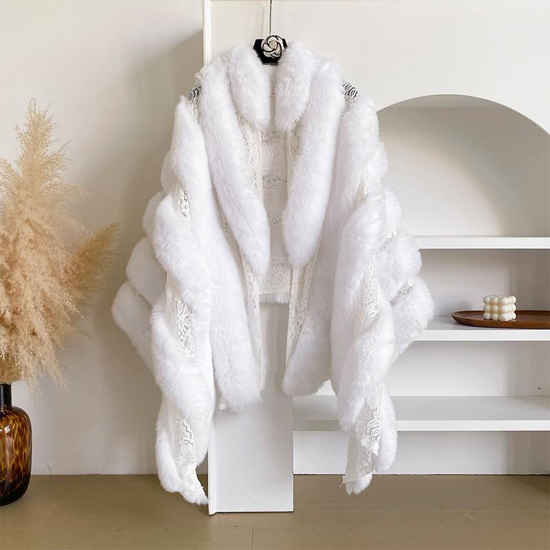 2026 Fall Winter Faux Fox Fur Lace Patchwork Mid-length Shawl Coat Women Trendy