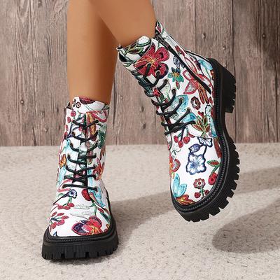 Модные женские короткие ботинки с цветочным принтом, осенне-зимние, новая мода, удобная повседневная обувь, толстый средний каблук, боковая молния, ботильоны