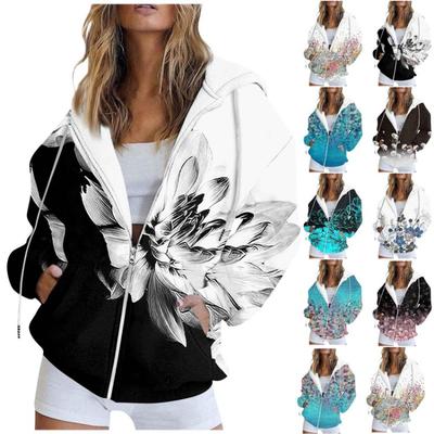 Женская Мода Повседневная Толстовка с Принтом на Молнии Пальто Кардиган Куртка с Длинным Рукавом с Карманом Осенне-Зимний Свитшот