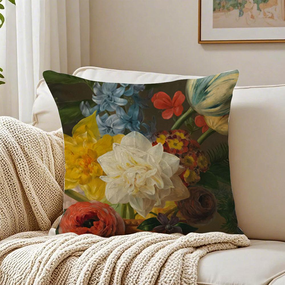 Fashion Casual Beautiful Oil Painting Flowers Cushion Cover Linen Pillowcase Soft For Sofa Bed Home Room Decor