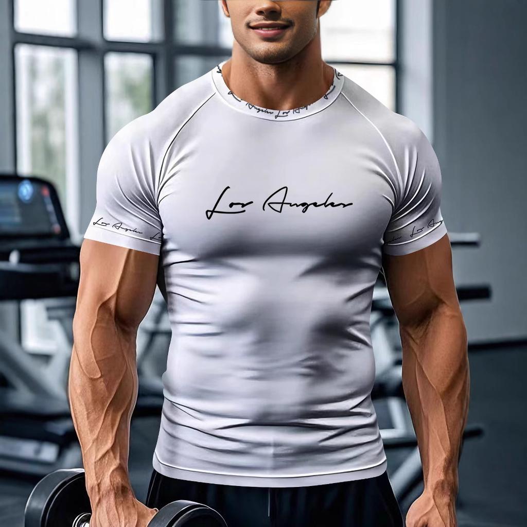 Летняя футболка для фитнеса с круглым вырезом на плечах, серия 3D-цифровой печати, облегающая футболка с короткими рукавами