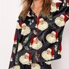 2 Pcs/Set Christmas Women Pajamas Suit Satin Santa Printing Lapel Long Sleeve Top Wide Leg Pants Sleepwear Casual Home Wear Clothes