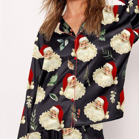 2 Pcs/Set Christmas Women Pajamas Suit Satin Santa Printing Lapel Long Sleeve Top Wide Leg Pants Sleepwear Casual Home Wear Clothes