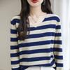 Autumn and Winter Women's Striped Long-sleeved V-neck Bottoming Pullover Loose Casual Knitwear