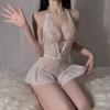 Sexy Crotchless White Underwear Women Lace Hollow Bra Set Erotic Costume Teddy Baby Doll Dress Deep V Open Bra Porn Lingerie Set