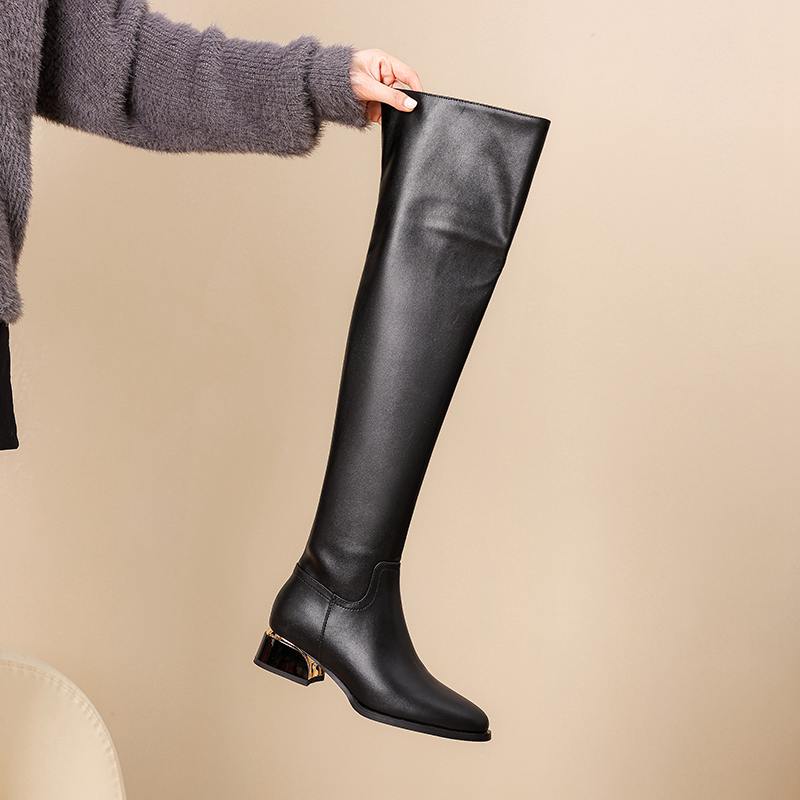 Krazing Pot Микрофибра из коровьей кожи Круглый носок Средний каблук Ботфорты выше колена Размер 46 Размер 45 Слипоны Большой размер Женские Сохраняют тепло Длинные сапоги