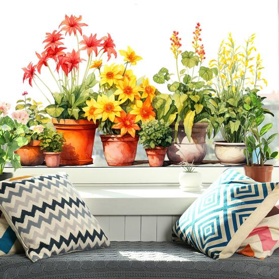 Цветочные растения в горшках Стеклянная наклейка Съемная Водонепроницаемая ПВХ Цветы Статическая стеклянная наклейка Декор для дома Гостиной Спальни Наклейка