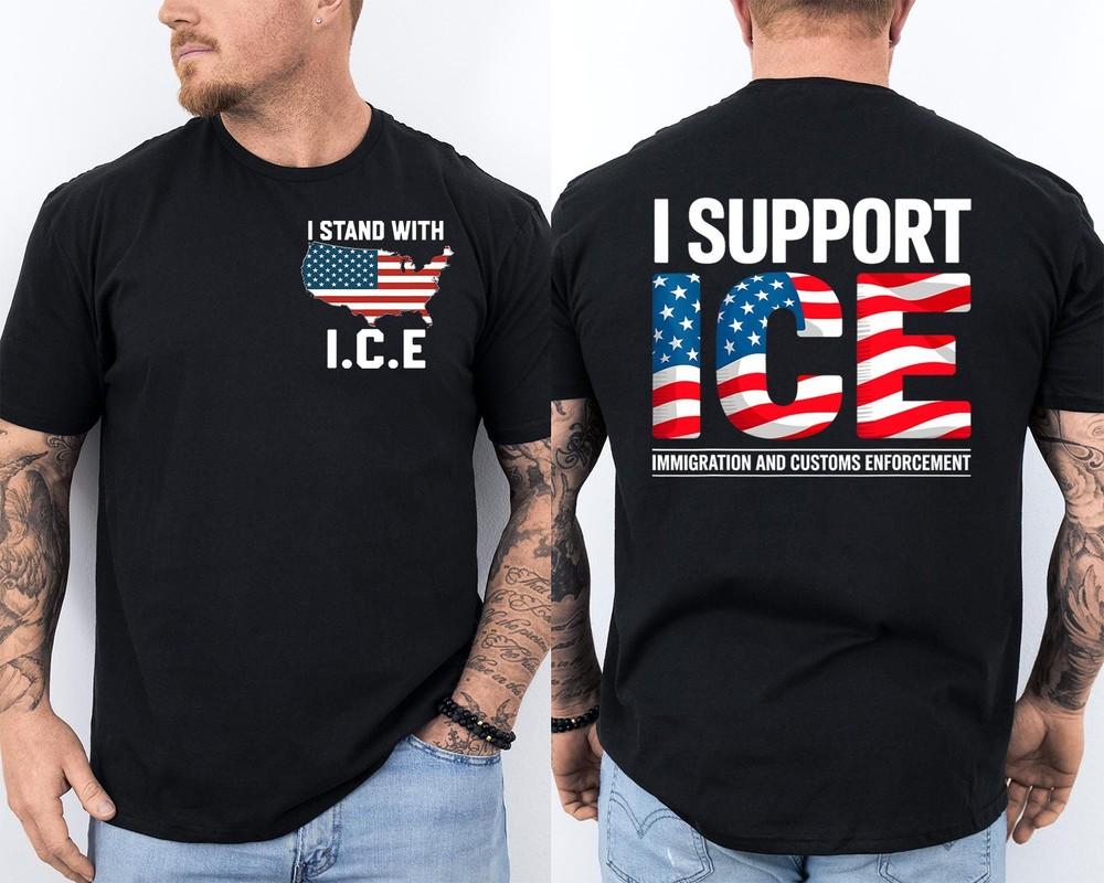 Я с ICE За ICE Трамп Поддержка Патриотический Республиканец Флаг США Двусторонняя Футболка Унисекс