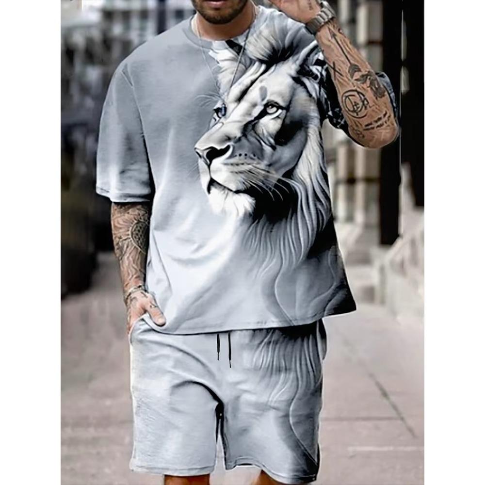 Fashion Lion King 3D Printed Men's Summer Animal Print Relaxed Fit Short Sleeve & Shorts 2-Piece Casual Sport Outfit Set