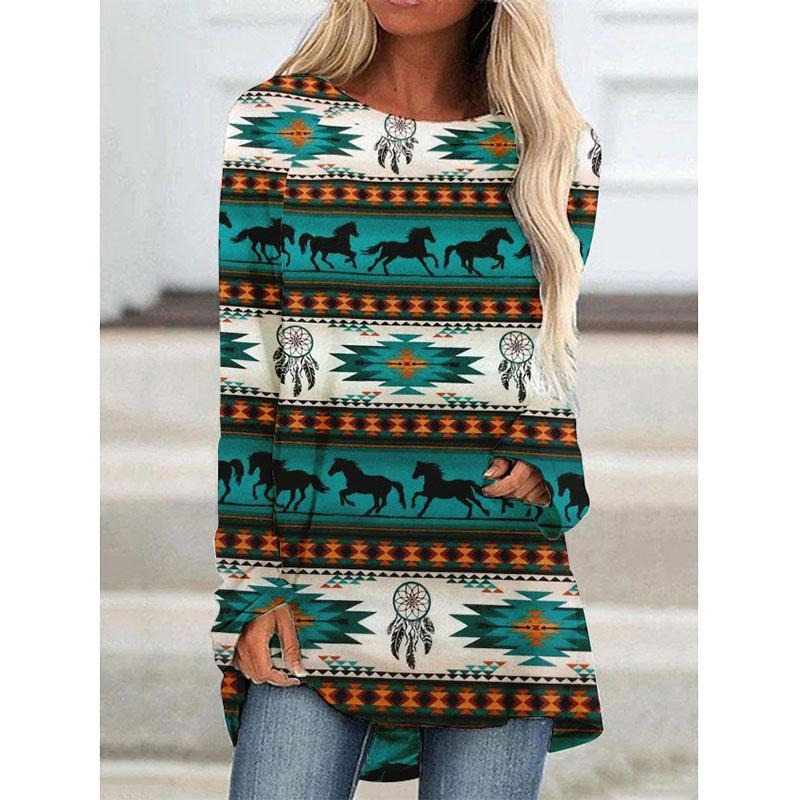 Футболки с длинным рукавом с принтом Western Aztec Ethnic 3D, богемные женские винтажные модные футболки, свободные уличные женские футболки, топы