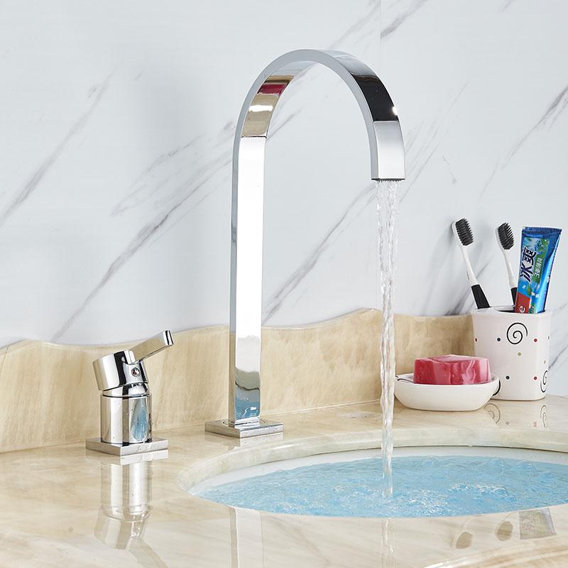 Вращающийся на 360° смеситель для раковины для ванной комнаты, смесители для горячей и холодной воды с двумя отверстиями, смеситель для водопада