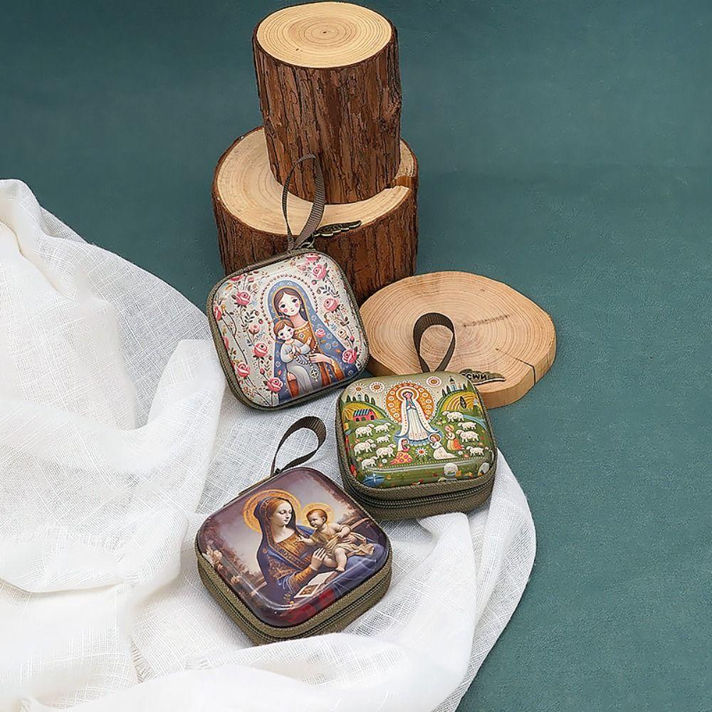 Virgin Mary Jewelry Box Zippered Christian Gift Portable Prayer Rosary Storage Bag Devotees