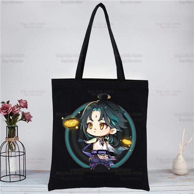 Genshin Impact Xiao аниме-игровые сумки, тканевая холщовая большая сумка, черная сумка для покупок, путешествий, женские эко-многоразовые сумки на плечо для покупок