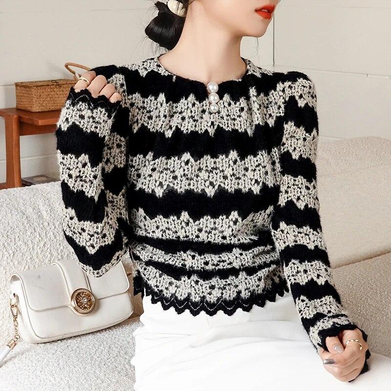 Модная вязаная крючком кружевная блузка для женщин, простые плиссированные топы с длинными рукавами, осень-зима, повседневная корейская полая рубашка 29562