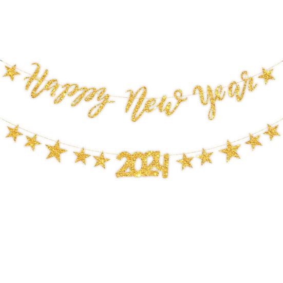 Баннер-флаг 2024. Блестящие буквы счастливого года создают атмосферу. Блестящие элегантные подвесные украшения или вечеринки.