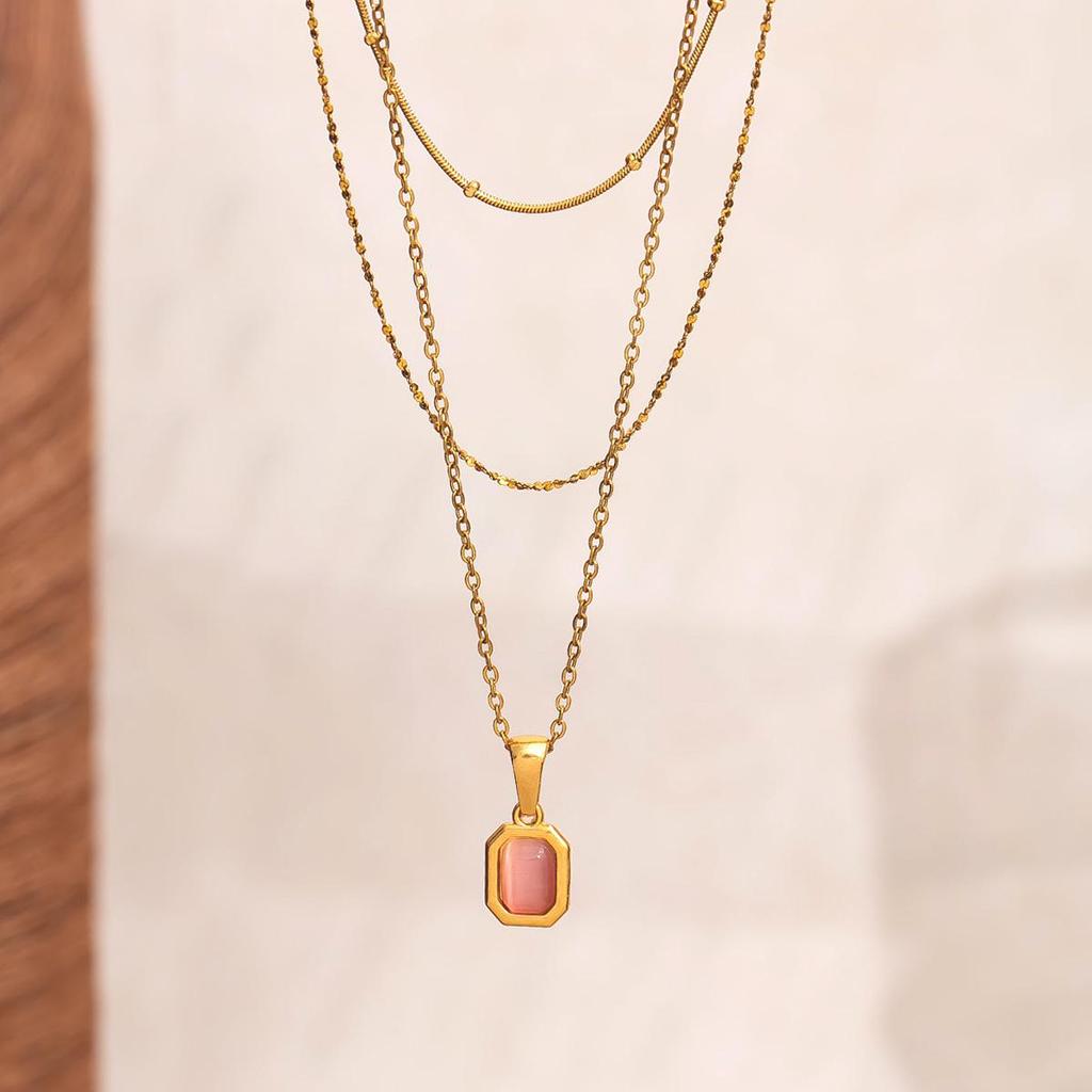Геометрический квадратный layered necklace с кошачьим глазом из нержавеющей стали для женщин - Покрытие 18 каратным золотом, Европейский стиль, Легкая роскошь, Цепочка на ключицу