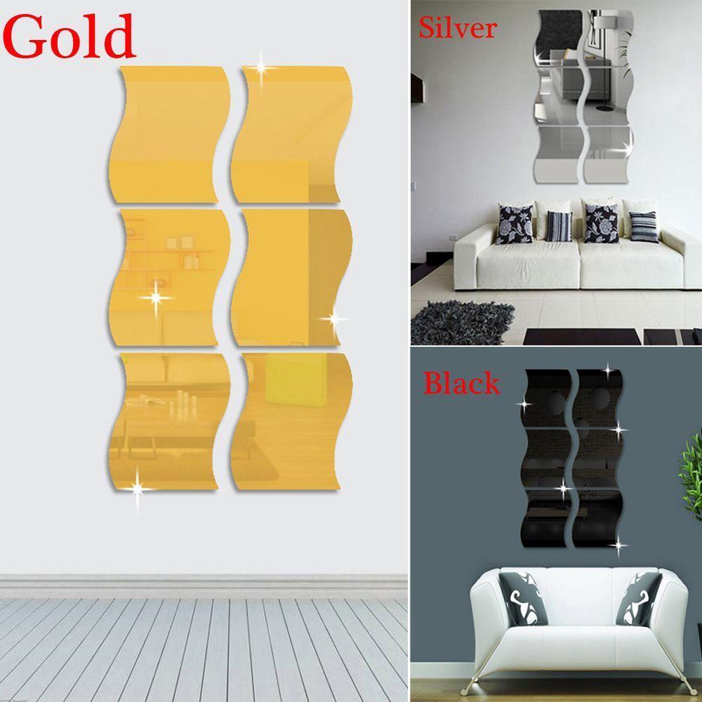 6Pcs Removable Acrylic 3D Wave Mirror Wall Sticker Home Decor Mural Decals