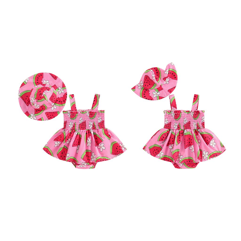 Newborn Girl Outfit, Watermelon Print Sleeveless Romper Dress with Hat Summer Clothes