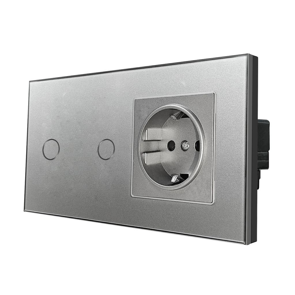 Сенсорный выключатель света из серого закаленного стекла европейского стандарта с разъемом USB C, настенный выключатель 220 В вкл./выкл., круглая нижняя коробка с двумя розетками