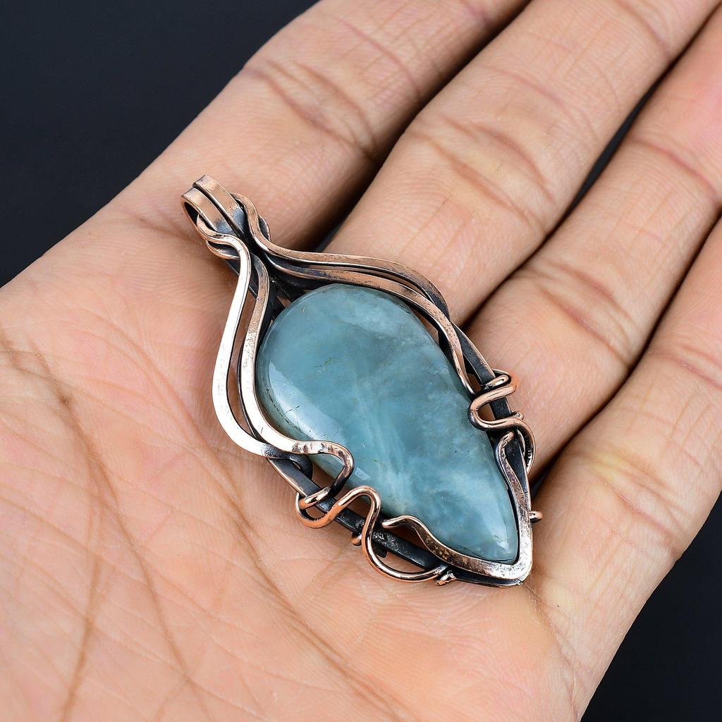 Aquamarine 999 Copper Wire Wrapped Pendant, Handmade Gemstone Jewelry Pendant For Memorial Day