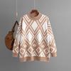 2023 Autumn/Winter Women's Geometric Jacquard Round Neck Sweater - Loose Fit, Medium-Long Knit Top