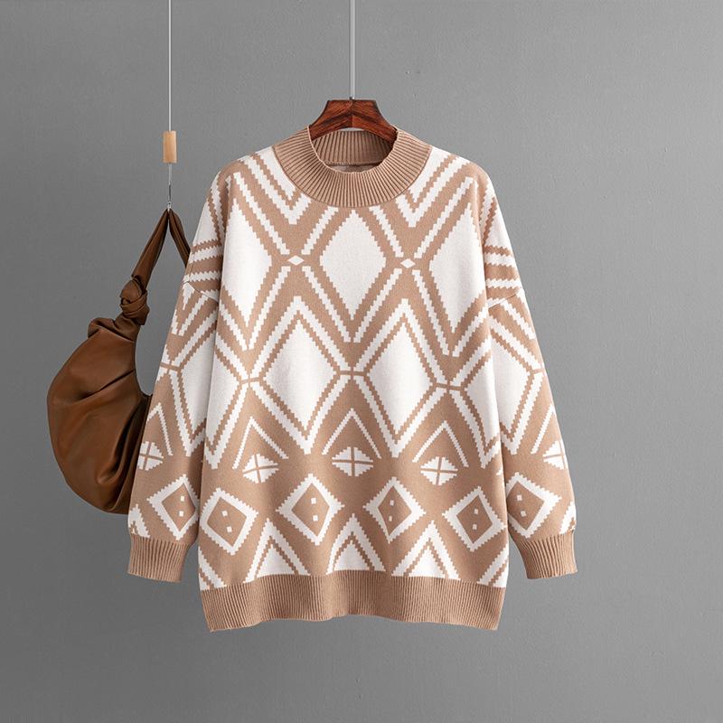 2023 Autumn/Winter Women's Geometric Jacquard Round Neck Sweater - Loose Fit, Medium-Long Knit Top