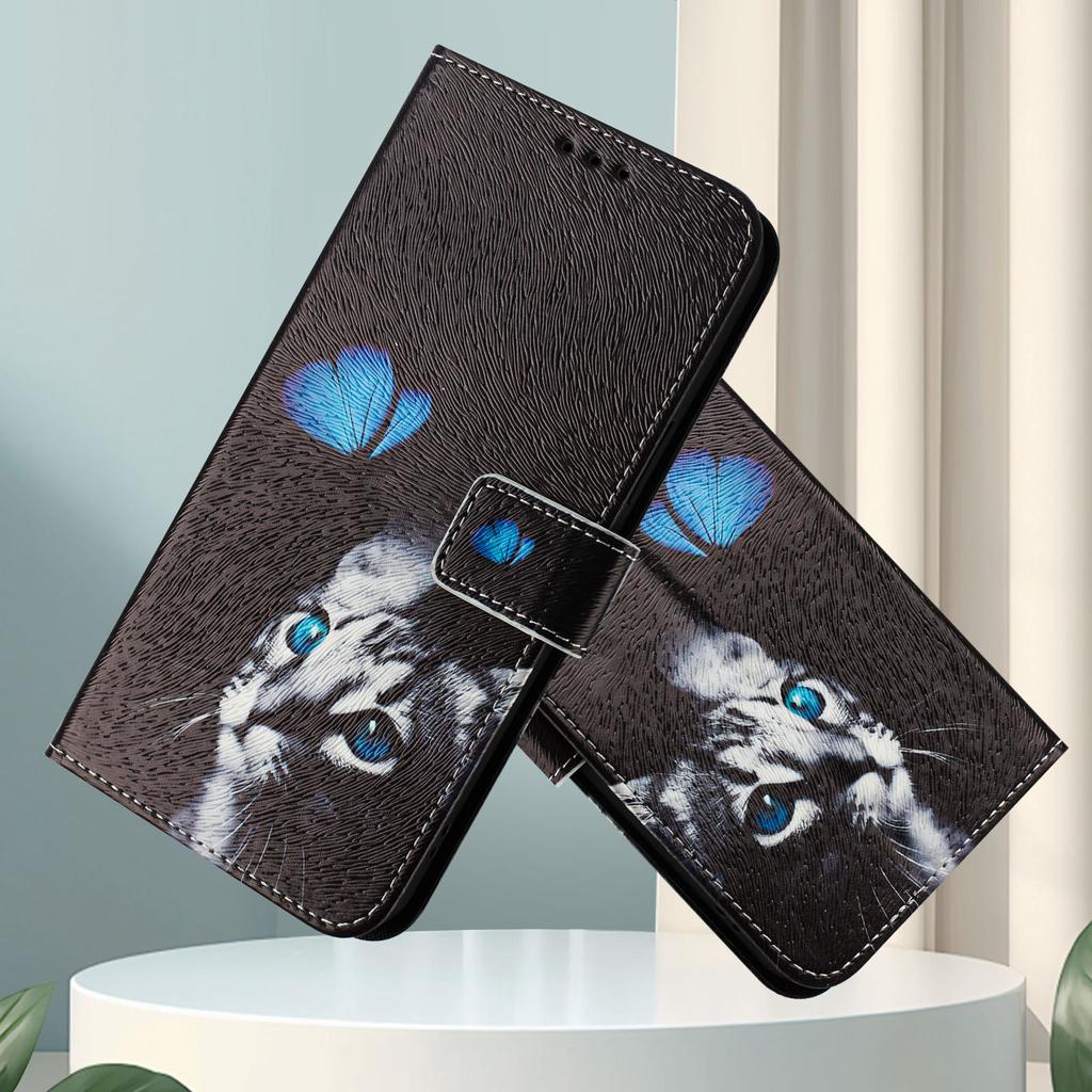 Роскошный кожаный чехол-книжка с рисунком бабочки и кошки для Motorola Moto G60, G40 Fusion, G10, G20, G30, G Play, G Power, Edge 50 NEO...