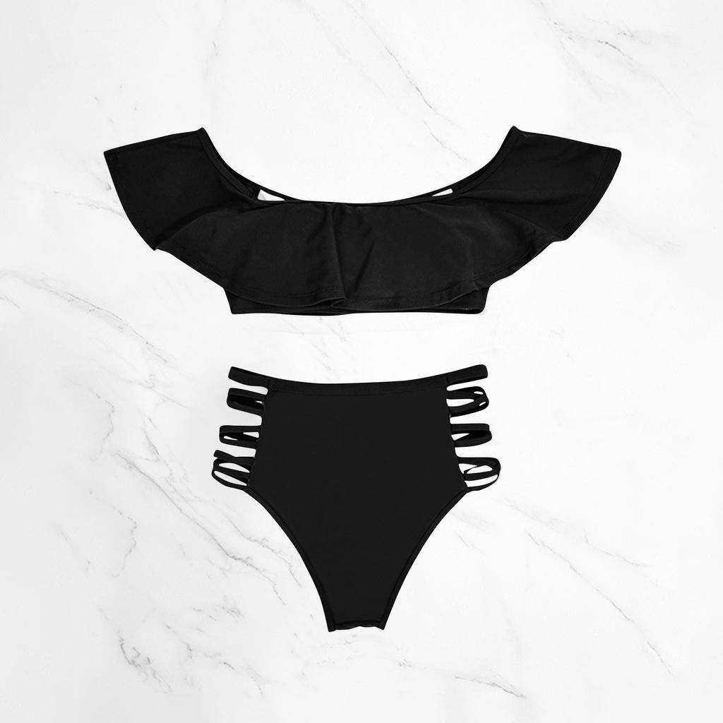 Женский модный однотонный раздельный купальник с открытыми плечами и оборками, комплект из 2 частей, пляжный купальник-бикини