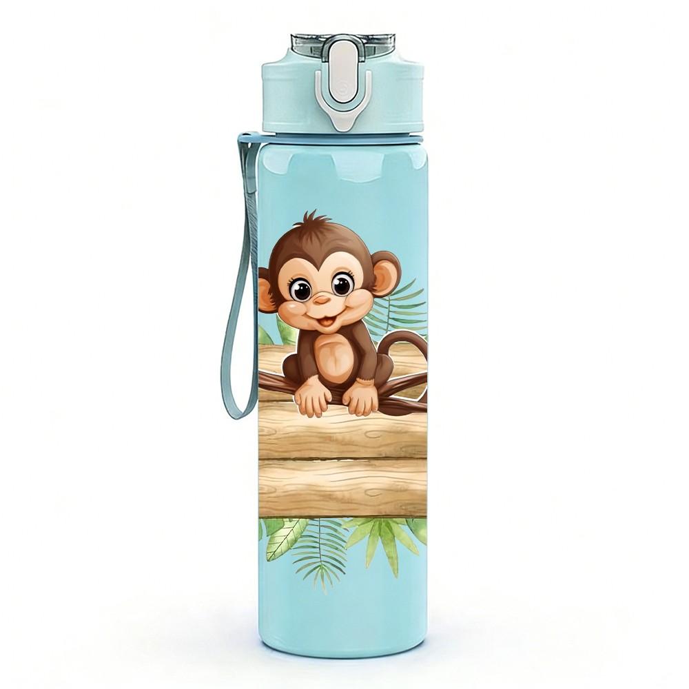 1PC Monkey Sitting In Wooden Box Cartoon 750ml Color Plastic Sports Water Bottle Leakproof Flip Straw Lid Suitable for Sports Office Home Use