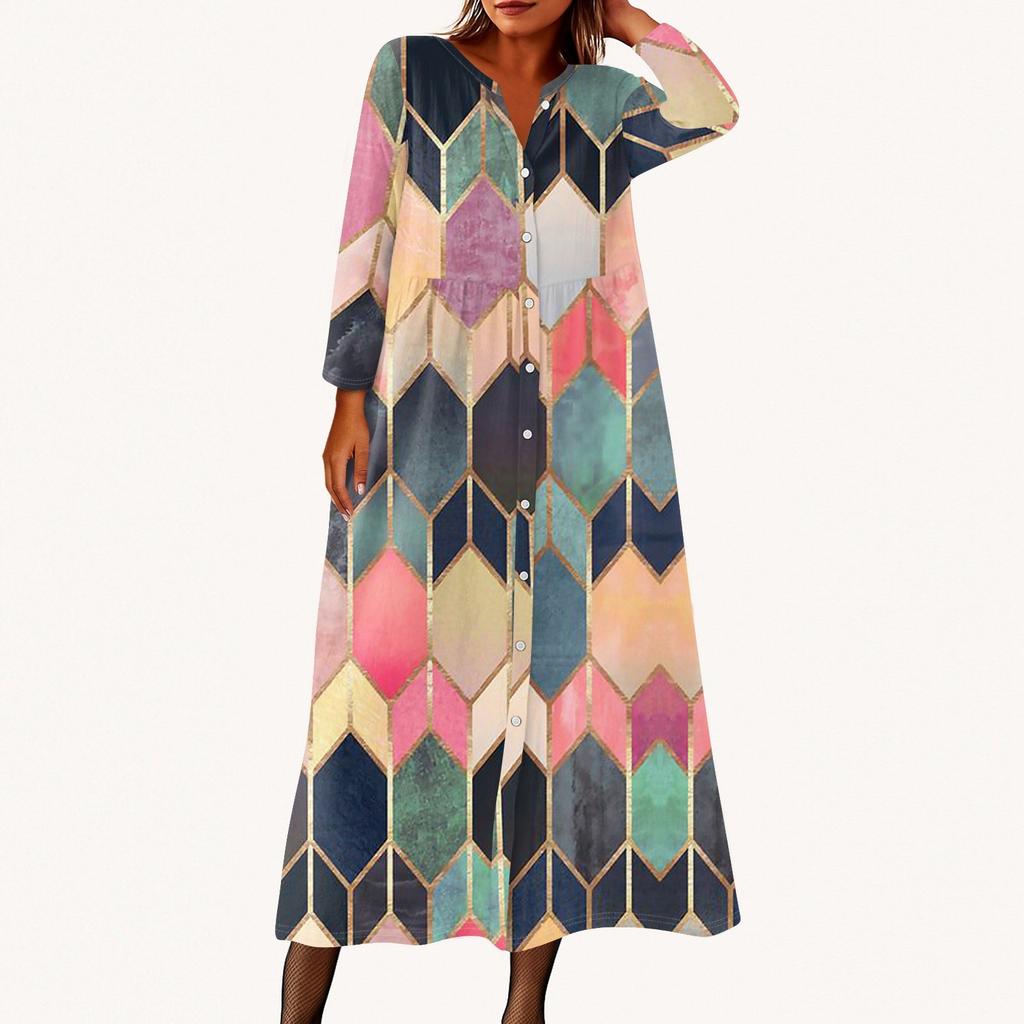 Женское модное платье-рубашка свободного кроя с принтом, круглым вырезом и рукавами семь четвертей на пуговицах