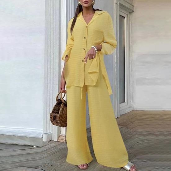 Женский комплект из 2 шт./компл., рубашка, брюки, однотонный, с отложным воротником, с длинным рукавом, средней длины, с широкими штанинами, с эластичной резинкой на талии, свободные брюки, одежда для поездок на работу, блузка