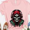 Unique Skeleton Skull In T Shirt with Headphones Artistic Top Cool Music Lover Trendy Casual Wear Idea Vintage Washed