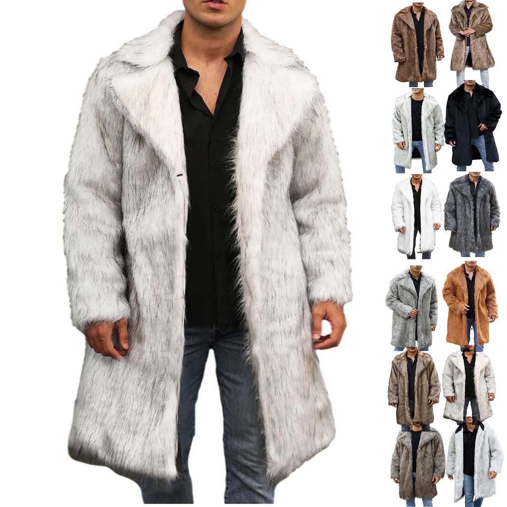 Men's Faux Animal Hair Long Coat Warm Overcoat Turn Down Collar Coat Cardigan Winter Fuzzy Fleece Jacket Open Front