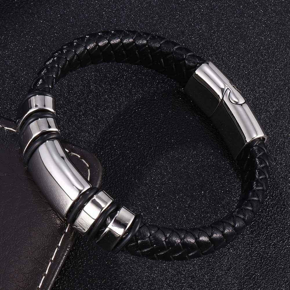 Trendy Men Bracelet Stainless Steel Charm Jewelry Black Leather Genuine Braided Bangles Jewelry Wrist Band Gift