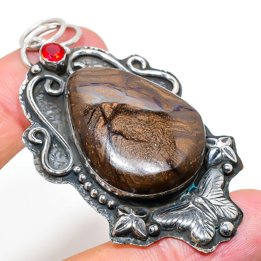 Natural Boulder Opal, Garnet Gemstone 925 Sterling Silver Pendant 2.76" m2C07