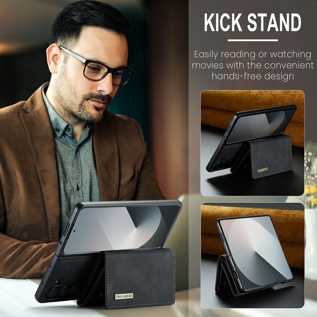 DG.MING M1 Series for Samsung Galaxy Z Fold6 5G Phone Case PU + TPU + PC Back Cover with Magnetic Tri-Fold Wallet Kickstand