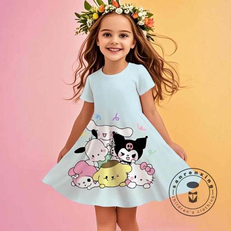Летнее платье для девочек Sanrio с пышными короткими рукавами, принтом Kuromi Hello Kitty, платье-принцесса для детей, драпированное платье для девочек