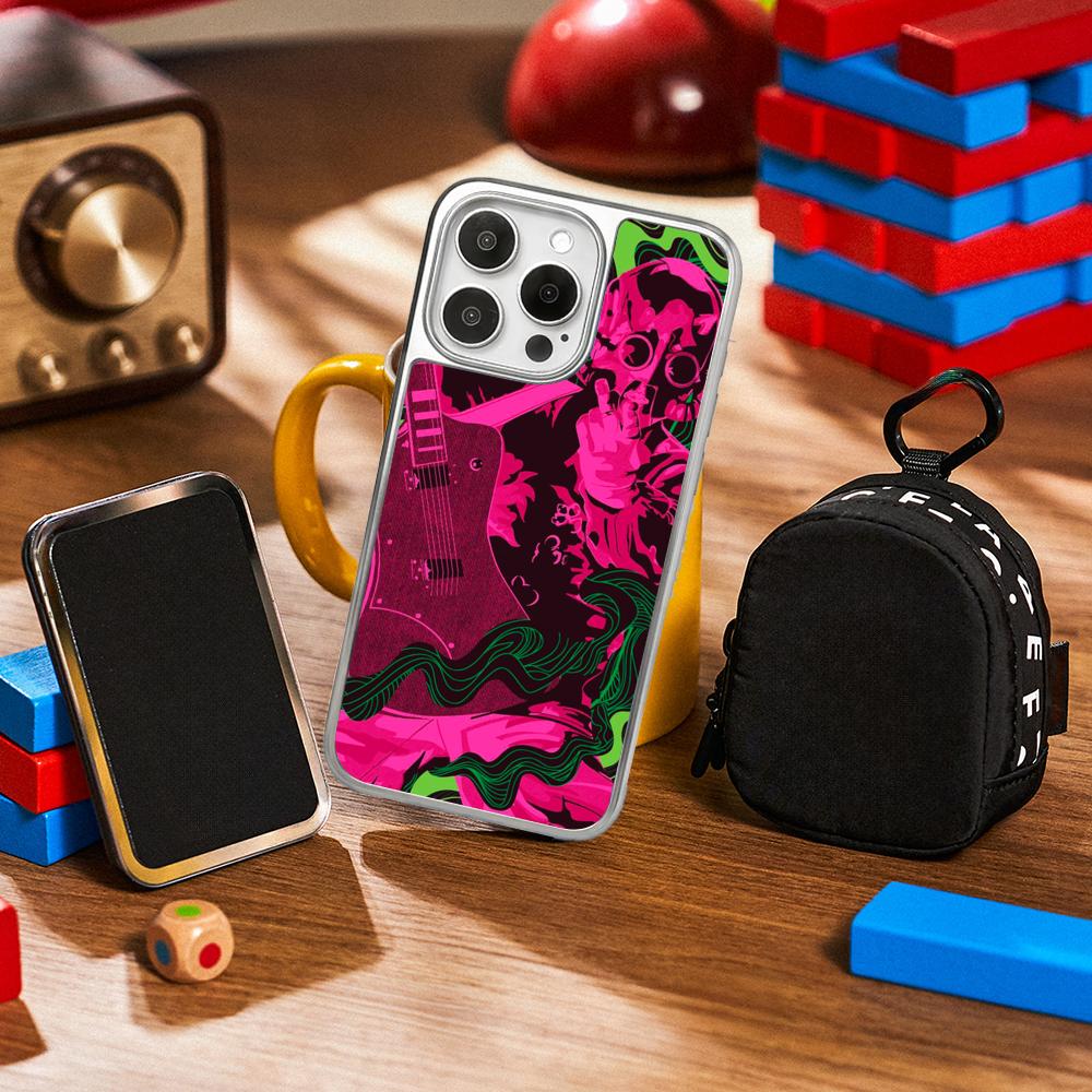 Cool guitarist Swiss poster pattern Phone Case for iPhone 16 15 14 13 12 11 Pro Max Sheepskin Silver-edged protective case