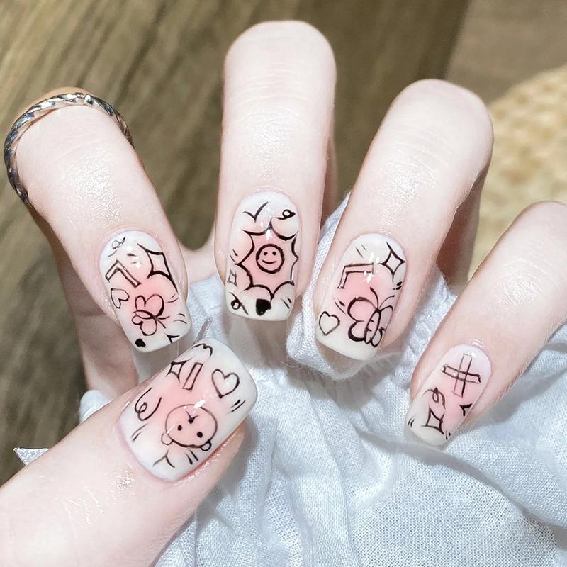 Artificial Nails Cute Childlike Blush Graffiti Nail Art Milky White Base Painting Printing Wearable False Nails