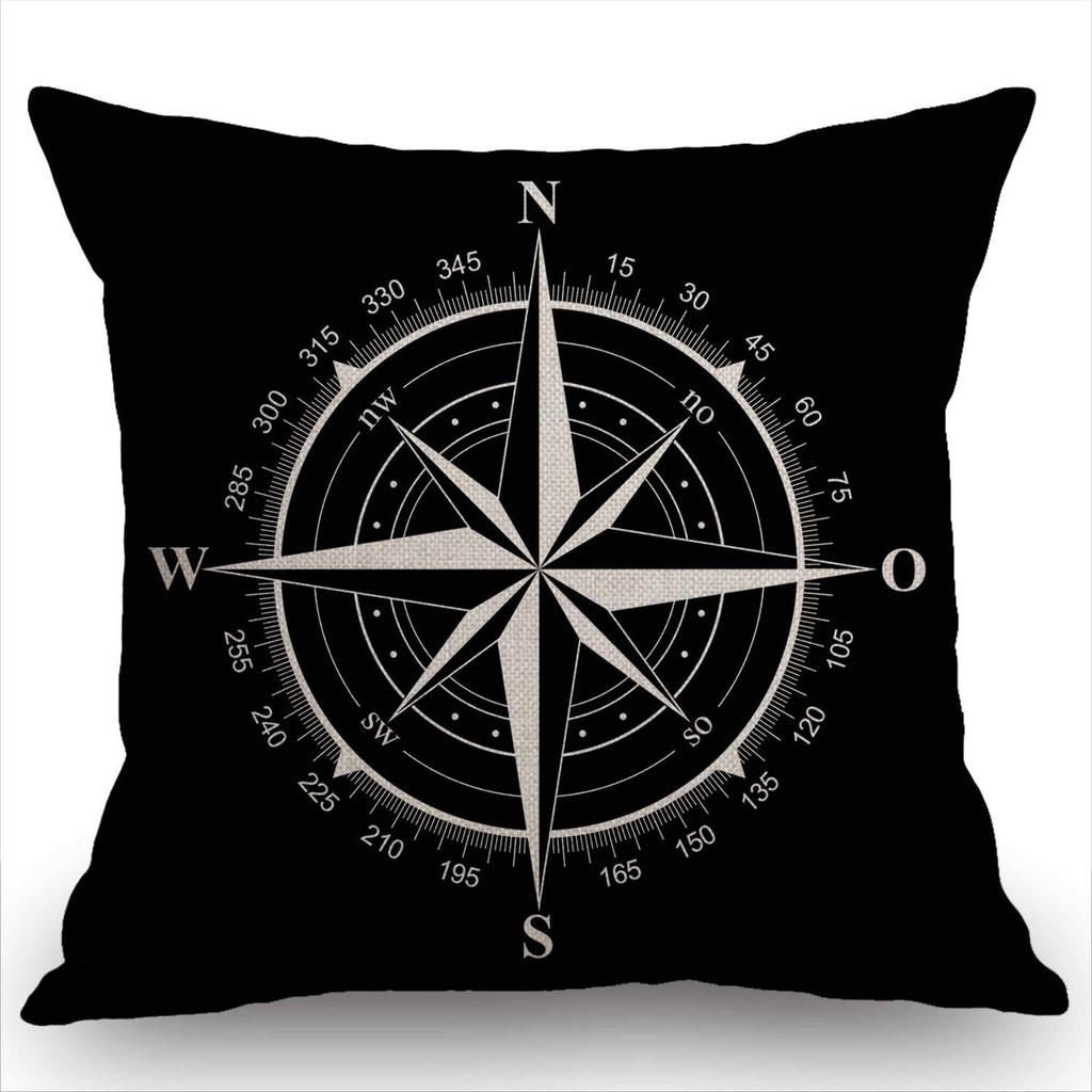 Vintage Compass Pillowcase Black and White Nautical Cushion Cover Wind Rose Decor Throw Pillow for Living Room Bedroom