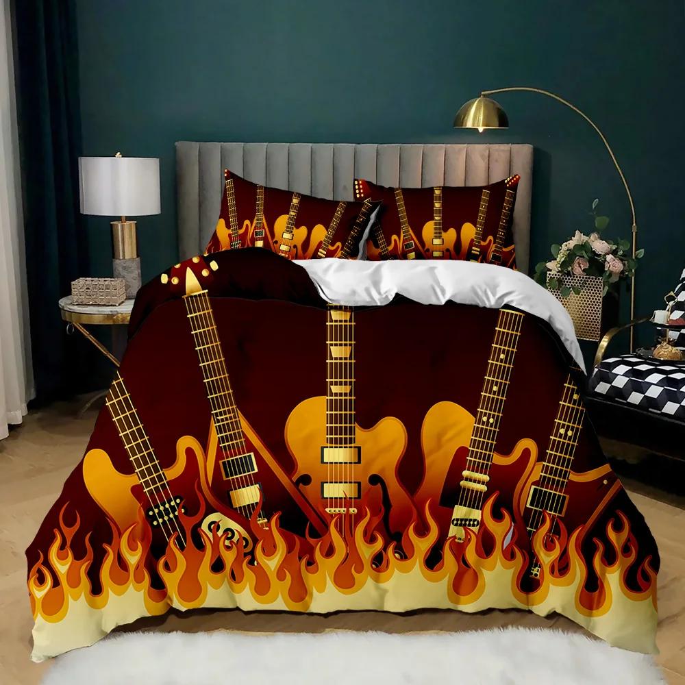 Гитара пододеяльник комплект электрогитара в Burning Musical Creativity Concept музыка двойной Queen King Size полиэстер Qulit чехол