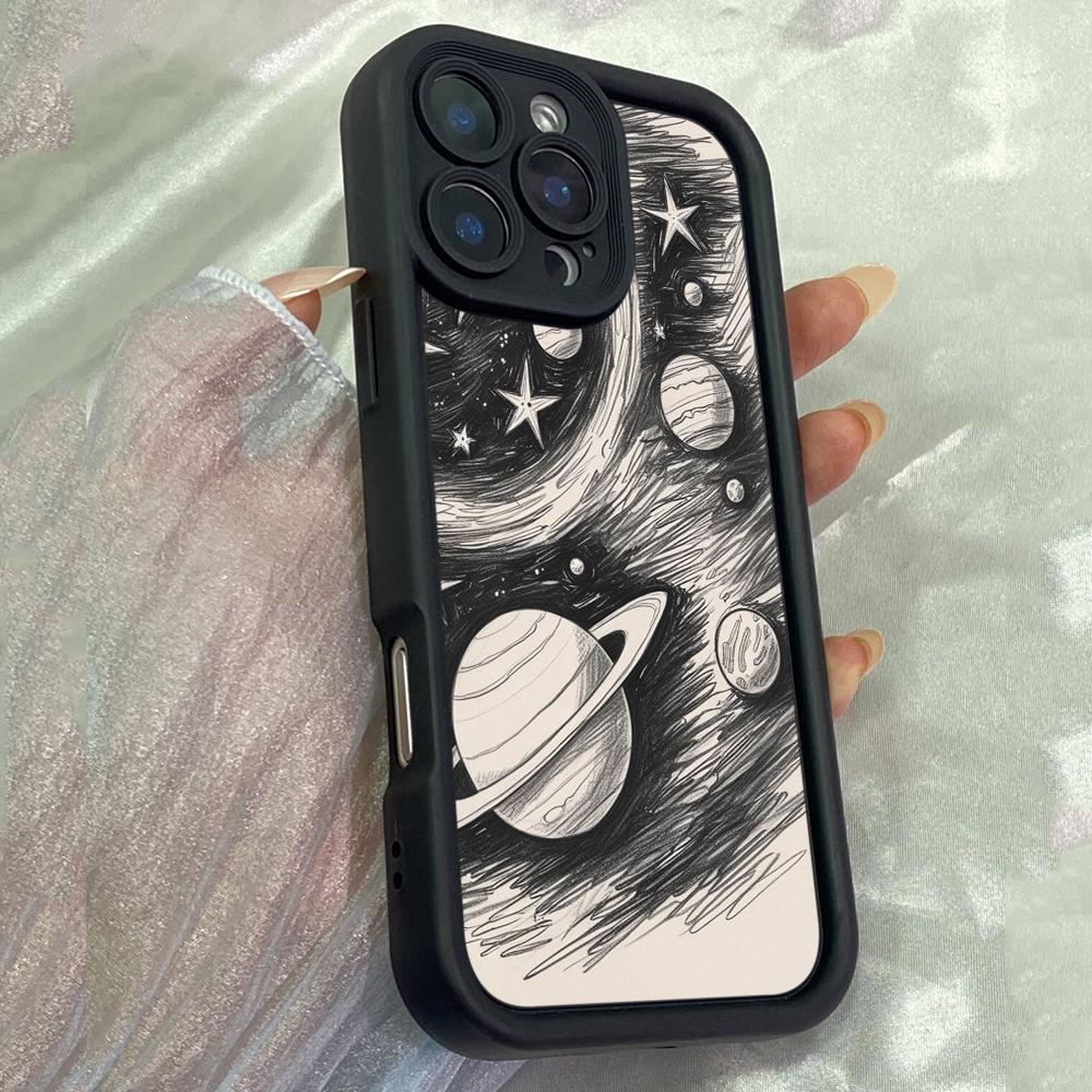 JT572 Бело-черный чехол с изображением космоса для iPhone 17 16 15 14 13 12 Pro Max, Samsung S26 S25 Ultra A17 A07 A56 A16 A15, Xiaomi 15T, Redmi 15c 14C.