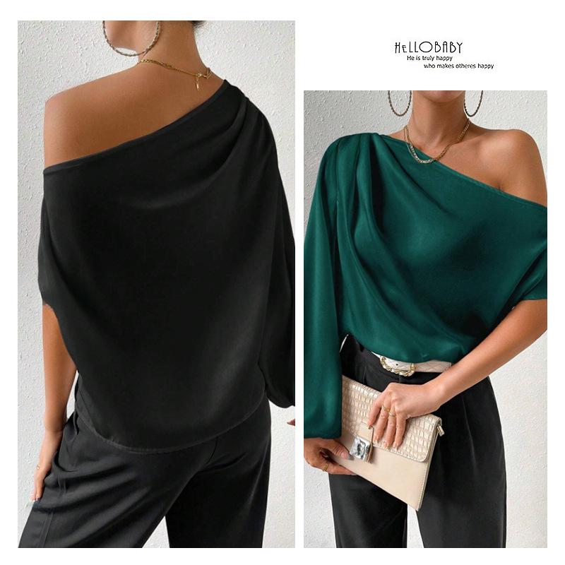Женская рубашка с косыми плечами и длинными рукавами, однотонная, сексуальная, с открытыми плечами, свободная, темпераментная, атласные блузки и рубашки