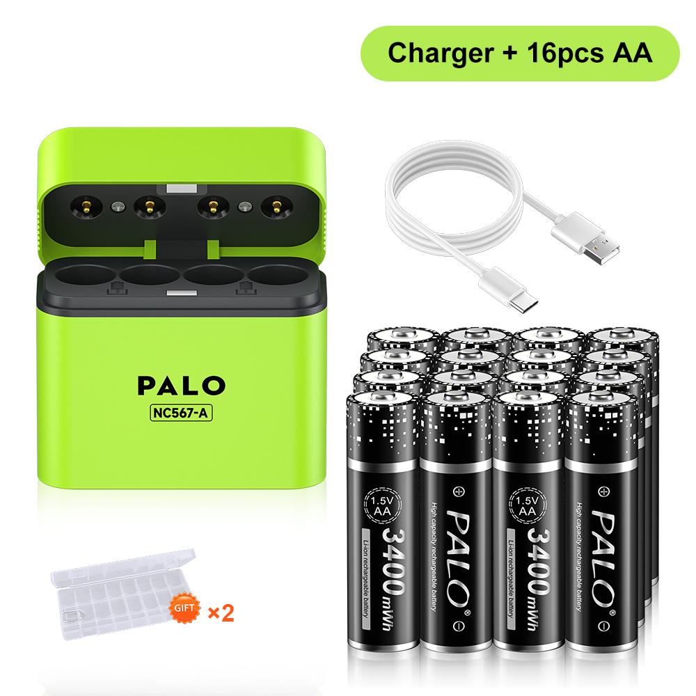 PALO Аккумуляторные литиевые батарейки AA 1,5 В 3400 мВт·ч 1,5 В литий-ионные батарейки AA Интеллектуальный зарядный бокс с дата-кабелем TYPE-C
