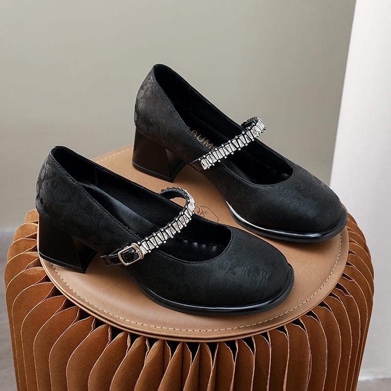 Хрустальный Цветок Женские Туфли на Высоком Каблуке 2025 Новые Тренды Мелкие Массивные Мэри Джейн Обувь Осень Элегантная Модная Платье Туфли Zapatos