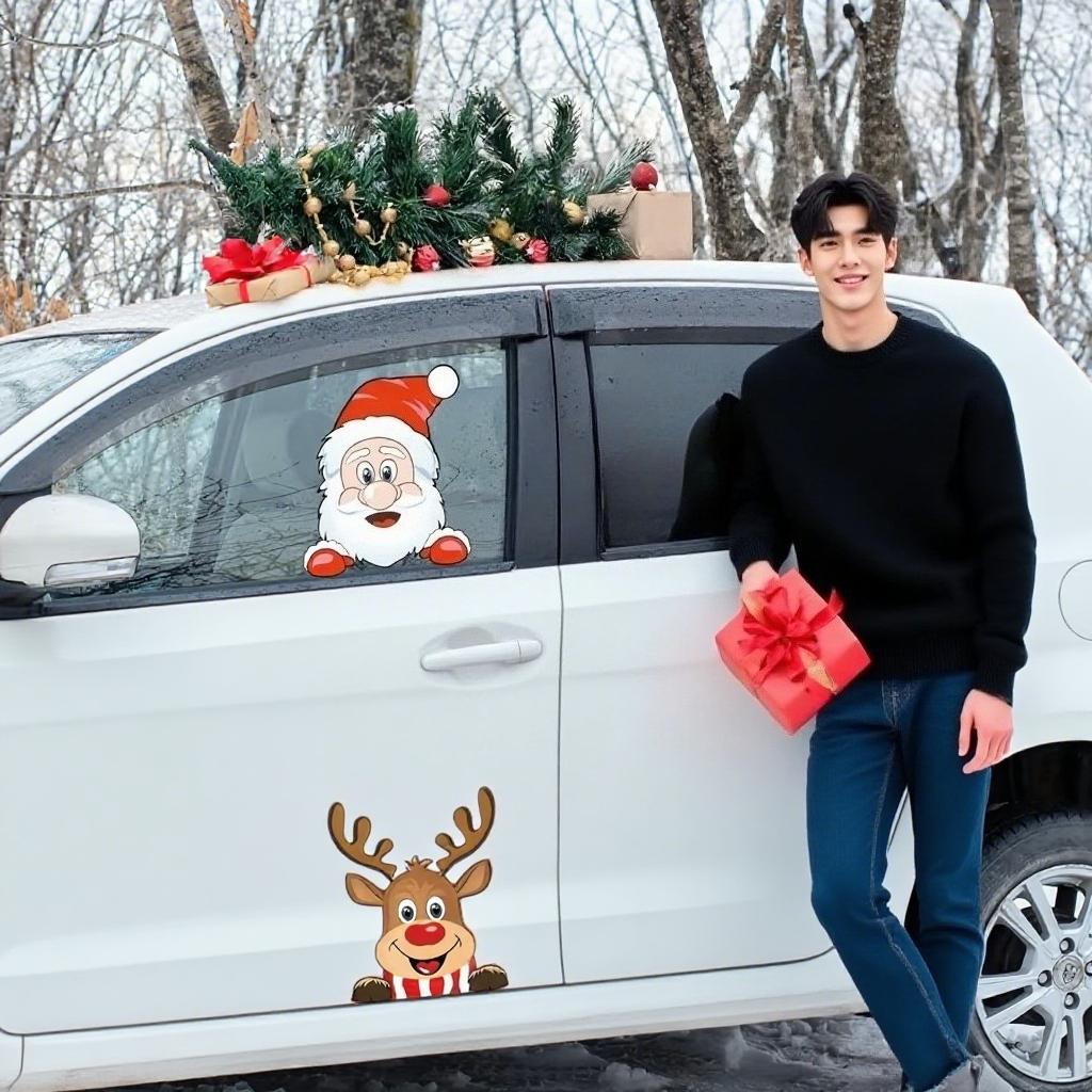 Christmas Car Sticker Santa Claus Reindeer Stickers Waterproof Decor Cover Scratches Car Window Style Durable Decals 1PC