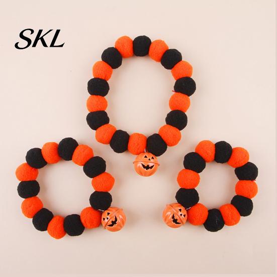 Stretchy Pet Collar Halloween Pom-Pom Collar, Cute Stretch Cat with Pumpkin Festive Bell, Soft Black Orange Pom-Poms for Cats Small Dogs Plush Pom-pom