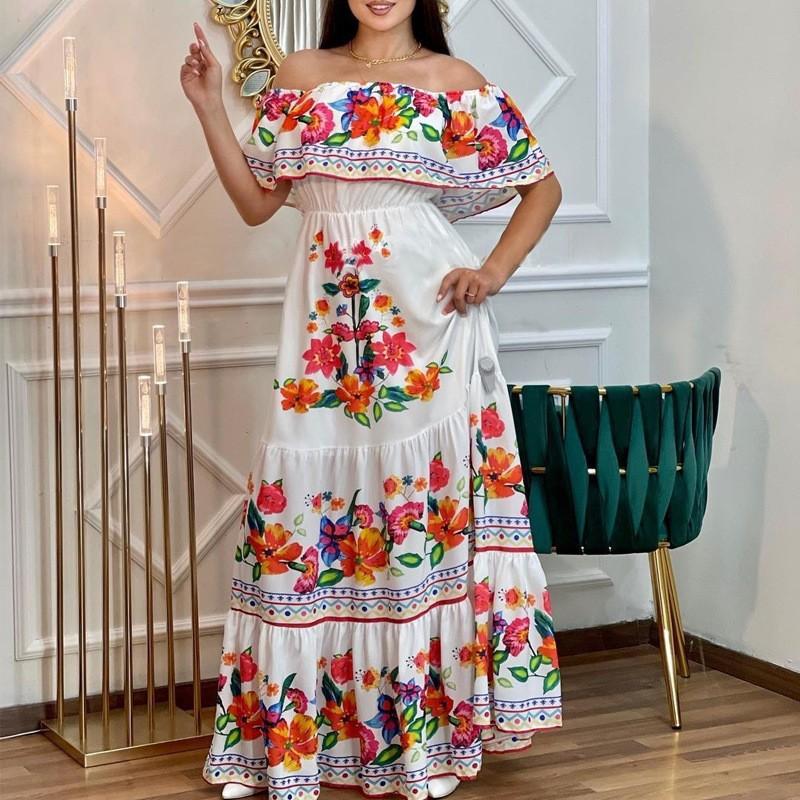 Womens Off-Shoulder Long Maxi Dress With Floral Print A-Line Flowy Skirt 2025 Elegant Casual Wear