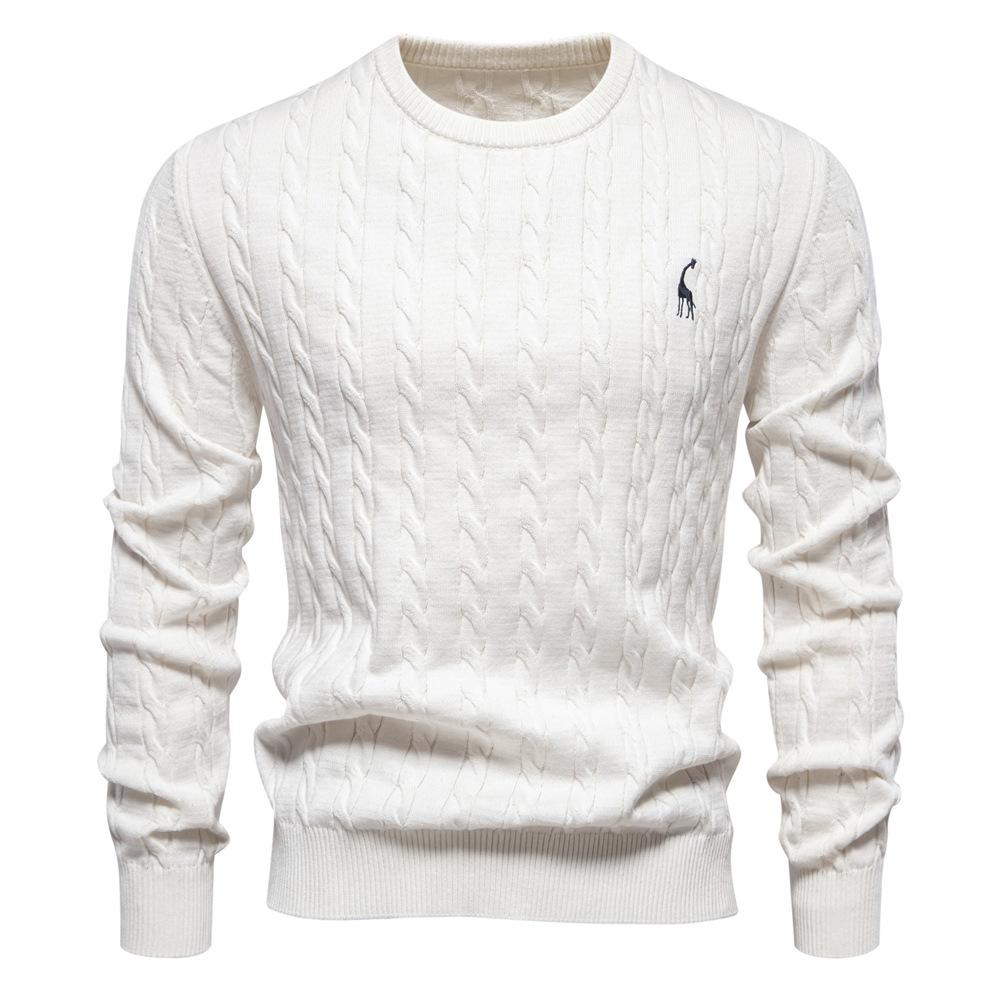 Men's Autumn Winter Solid Knitted Crew Neck Sweater Fashion Casual Deer Embroidery Pullover